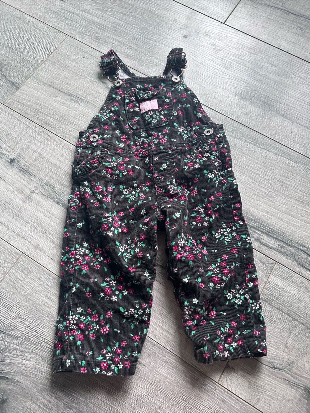 OshKosh B'gosh Black Floral Corduroy Overalls with Pink & Teal Flowers